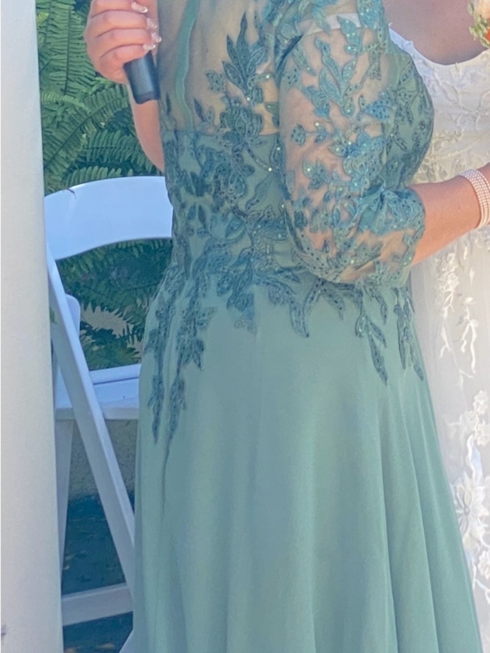 Embroidered Sage Green Long Sleeve Evening Dress - Picture 2 of 2